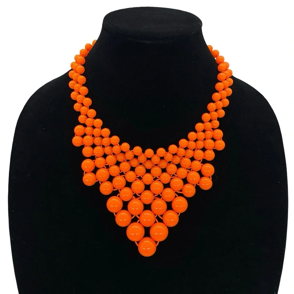 Amrita Singh Orange Beaded Bib Statement Necklace Retro Mod